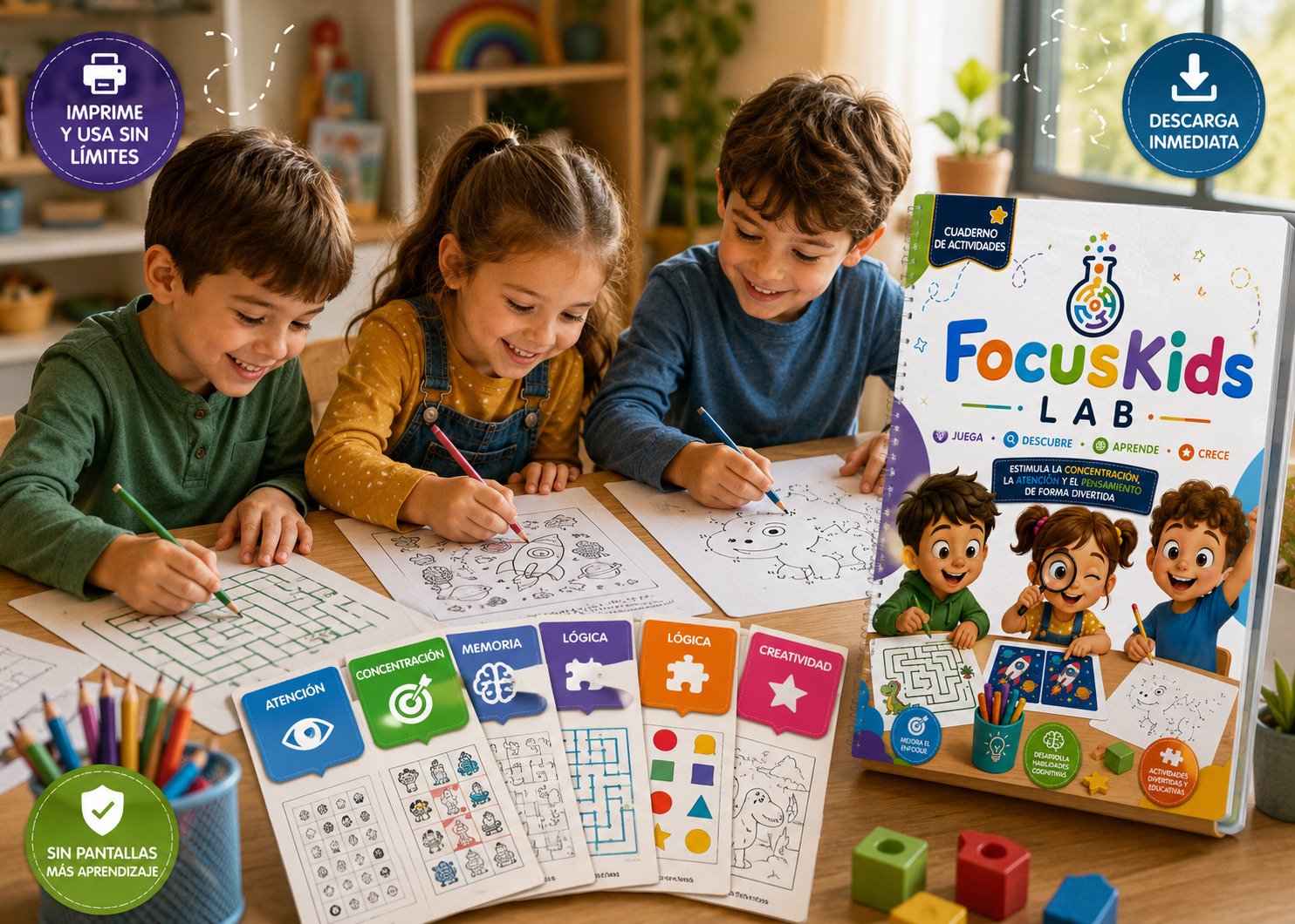 Vista general del kit FocusKids Lab con actividades imprimibles